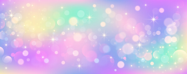 Wall Mural - Rainbow unicorn background. Pastel pink color sky with stars. Holographic fantasy print with bokeh. Vector wallpaper for princess girl design.