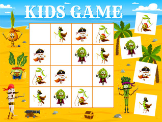 Poster - Sudoku kids game cartoon vegetable pirates and corsairs characters. Vector riddle with cartoon olive, artichoke, champignon and bean filibuster personages. Educational quiz task, children brain teaser