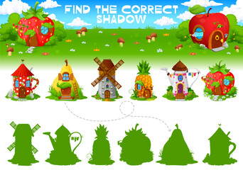 Poster - Find the correct shadow of cartoon fairytale house buildings kids vector game worksheet. Matching quiz search right silhouette of strawberry, tea cup, pear and windmill, pineapple or watering can home