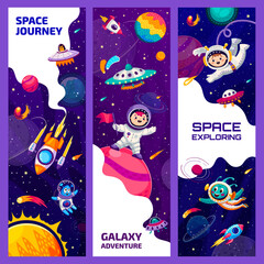 Poster - Kids astronauts in outer space. Aliens, UFO and galaxy space planets. Outerspace exploration vector background or banner with boy in spacesuit standing on planet, alien character, rockets and comets