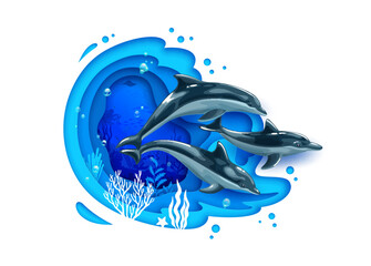 Wall Mural - Cartoon dolphins and sea paper cut landscape. Sea nature, underwater deep life, environmental and animal day papercut vector background. Aquatic bottom 3d concept with dolphins swimming in ocean deep