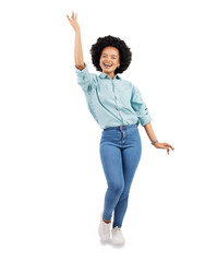 Portrait, happy and black woman dance in celebration of good news on isolated, transparent and png background. Dancing, smile and African female winner celebrating success, deal or sale and discount