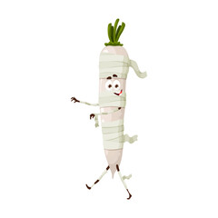 Wall Mural - Cartoon halloween daikon mummy character. Funny vector vegetable dressed as monster wearing wrap costume, holding out arms with large smile on face. Isolated veggies Hallowmas spooky personage