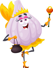 Cartoon Halloween garlic fairy character. Funny vector pixie vegetable with mischievous expression wear fantasy outfit holding wand and pot. Whimsical fantasy personage with wings and smiling face