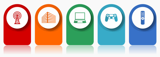 Leinwandbilder - Technology icon set, flat design miscellaneous colorful icons such as antenna, office building, laptop, gamepad, tv remote for webdesign and mobile applications, infographic vector template in eps 10