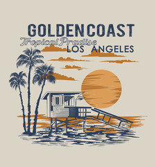 golden coast.vintage sunset with palms on the beach illustration for t shirt and poster design