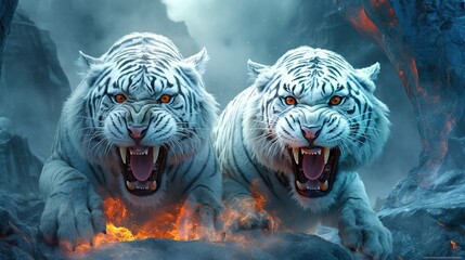 Wall Mural - HD wallpaper: 3D Funny Face, lava digital wallpaper, white tigers, blue, background, Generative AI