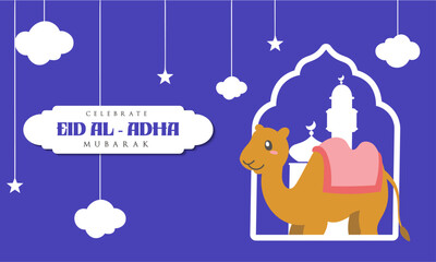 Wall Mural - Holy Eid Al Adha Mubarak Cute Banner Cartoon doodle. Islamic and Arabic Greeting flyer for Muslim Community Festival graphic print Vector