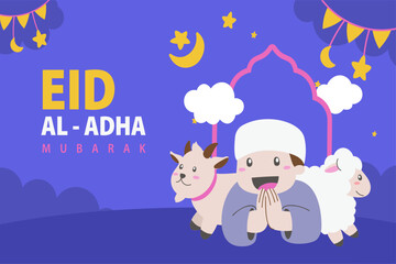 Wall Mural - Holy Eid Al Adha Mubarak Cute Banner Cartoon doodle. Islamic and Arabic Greeting flyer for Muslim Community Festival graphic print Vector