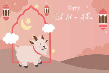 Wall Mural - Holy Eid Al Adha Mubarak Cute Banner Cartoon doodle. Islamic and Arabic Greeting flyer for Muslim Community Festival graphic print Vector