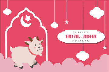 Wall Mural - Holy Eid Al Adha Mubarak Cute Banner Cartoon doodle. Islamic and Arabic Greeting flyer for Muslim Community Festival graphic print Vector