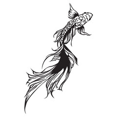 vertical black and white fish tribal isolated on white background, doodle art, tattoo art