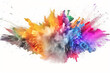 Colorful rainbow holi paint color powder explosion isolated white wide panorama background. Generative AI