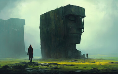 Wall Mural - the moai face stone at the island with the foggy weather. generative ai.