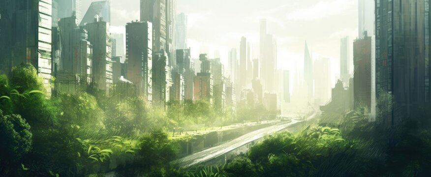 Eco-futuristic cityscape concept with greenery, skyscrapers, parks, and other green spaces in urban area. Generative AI AIG20.