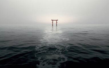 The torii japanese gate on the sea at the sunset sky. Generative AI.