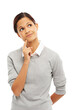 © Khushboo Sumeet/peopleimages.com - Woman, face and thinking for idea, remember or memory standing isolated on a transparent PNG background. Thoughtful female person with finger on chin to think in choice, solution or decision for plan