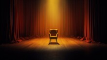 Illustration Of An Empty Chair On A Stage Of A Theater, Concert Or Comedy Show Lighted By A Single Spotlight In Front Of A Red Curtain. Generative AI.