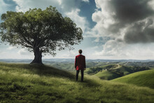 Man In A Red Suit Standing By An Oak Tree On A Hill Looking Into The Distance