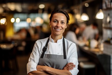 portrait of smiling female chef standing with arms crossed in a restaurant