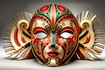 Realistic luxury carnival mask with colorful feathers.