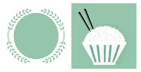 Poster - Rice plant circle sign and rice bowl with chopsticks on green background vector illustration.