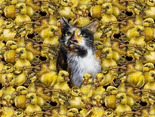 Funny animal drawing. A cat among a flock of ducks. Watercolor drawing.
