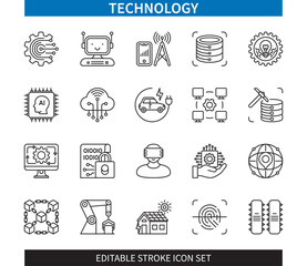 Leinwandbilder - Editable line Technology outline icon set. Innovation, Artificial Intelligence, Data Mining, Robotic, Smart Home, Chip, Blockchain, Control. Editable stroke icons EPS