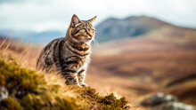 A Beautiful Scottish Wildcat Standing On The Top Of A Mountain. Generative AI.