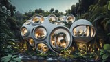 Fototapeta Las - The Hive - Sci-fi futuristic brutalist architecture style building habitat with spherical pattern façade in the rainforest at dusk - Generative AI Illustration