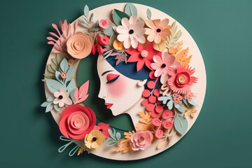 Wall Mural - Paper art style , Women's day specials offer sale wording isolate , Happy women's day 8 march with women of different frame of flower , Created with generative AI