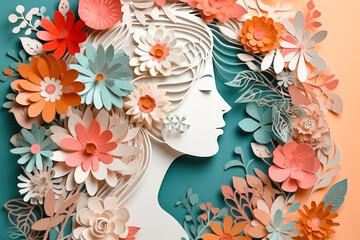 Wall Mural - Paper art style , Women's day specials offer sale wording isolate , Happy women's day 8 march with women of different frame of flower , Created with generative AI