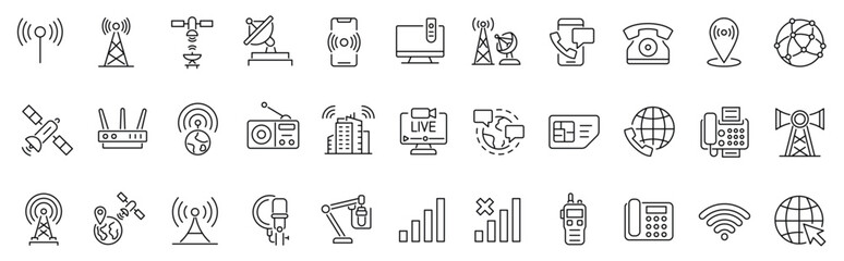 Set of outline icon related to communications, telecommunications. Linear icon collection. Editable stroke. Vector illustration