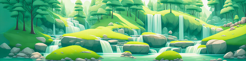 Poster - Cascade Oasis, Summer Forest Landscape with a Serene Waterfall., Generative AI