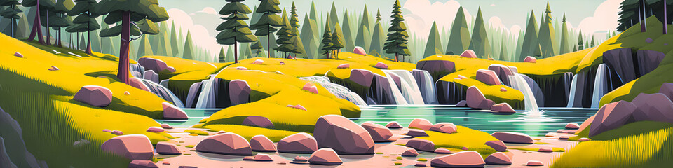 Poster - Cascade Oasis, Summer Forest Landscape with a Serene Waterfall., Generative AI