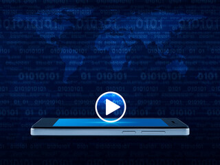 Wall Mural - Play button icon on modern smart mobile phone screen over world map and computer binary code blue background, Business music online concept, Elements of this image furnished by NASA