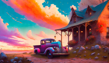 Wall Mural - Rustic Reverie: Vintage Pickup Truck and Timeless Abode Beneath a Vivid Sky - A Fantastical Illustration Painting., Generative AI