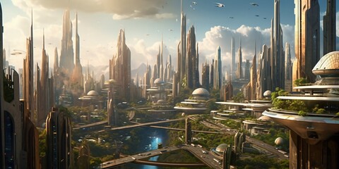 Wall Mural - futuristic high-tech city with advanced infrastructure, science fiction cityscape, fictional landsca