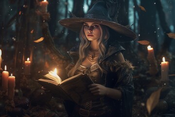 Halloween witch girl with magic book. Created with generative AI technology.