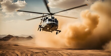 Military Helicopter In Active Combat Zone. War Chopper Aircraft Flying For The Army And Landing In The Desert.