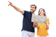 © ty - Beautiful young couple holding a map and smiling while standing on a transparent background.