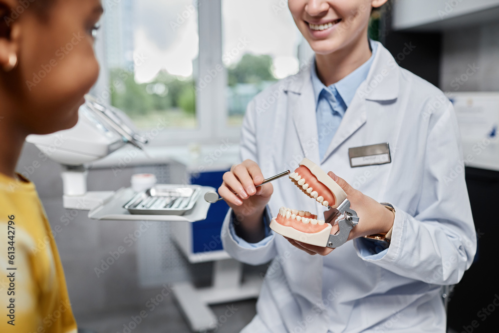 Closeup of friendly woman dentist holding tooth model and explaining ...