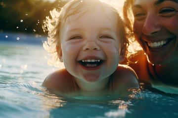 Kid and parent in the pool in summer. Holiday and vacation fun with family. 