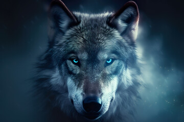 Wolf serious face closeup in dense smoke blue eyes