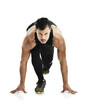 © Khushboo Sumeet/peopleimages.com - Man, start race and running with fitness and action, training with focus in portrait isolated on transparent png background. Workout, exercise and male runner ready for run, marathon and speed