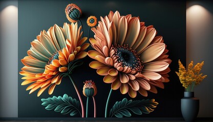 Wall Mural - 3d colorful flowers wall decor 4k wallpaper, 3D wallpaper for home interior classic decorations background Flowers Classic illustration