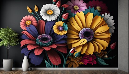 Wall Mural - 3d colorful flowers wall decor 4k wallpaper, 3D wallpaper for home interior classic decorations background Flowers Classic illustration