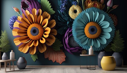 Wall Mural - 3d colorful flowers wall decor 4k wallpaper, 3D wallpaper for home interior classic decorations background Flowers Classic illustration