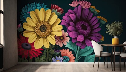 Wall Mural - 3d colorful flowers wall decor 4k wallpaper, 3D wallpaper for home interior classic decorations background Flowers Classic illustration