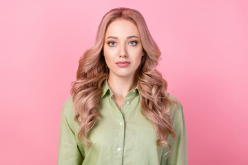 Poster - Photo of focused concentrated stunning girl calm face nice wavy hairdo isolated on pink color background